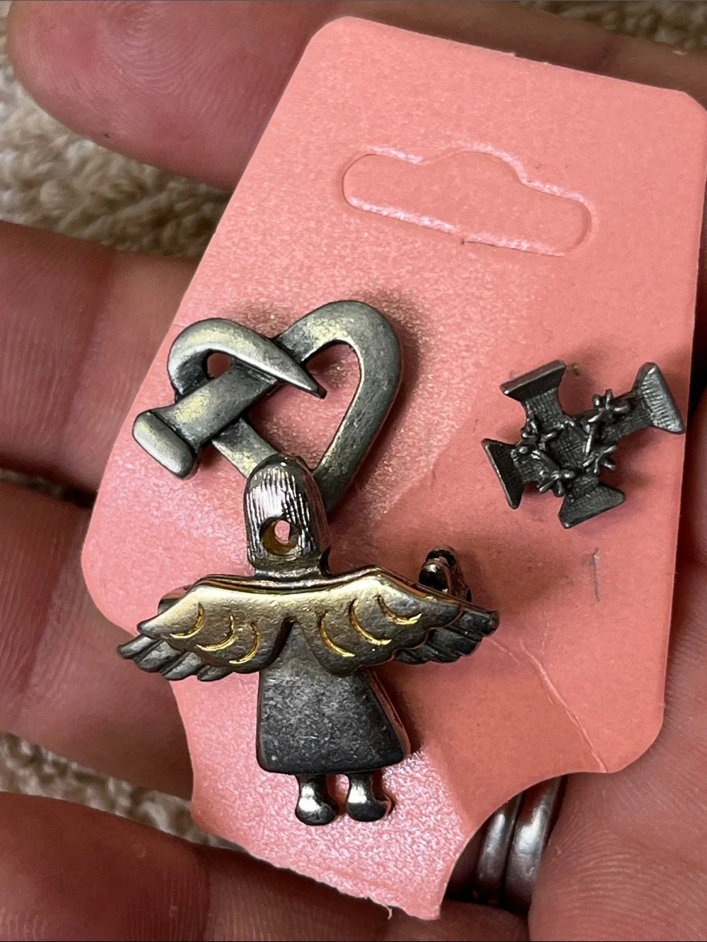 Silver and Gold Angel Pin Brooch with Heart Accent - Women's Jewelry